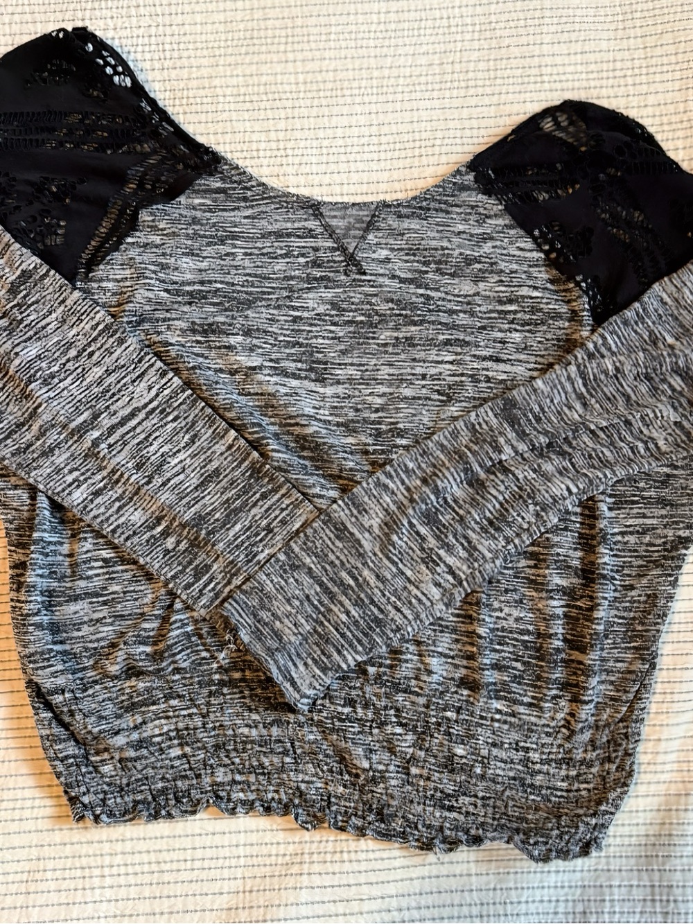 We The Free Heather Gray Sweatshirt with Black Lace Shoulders